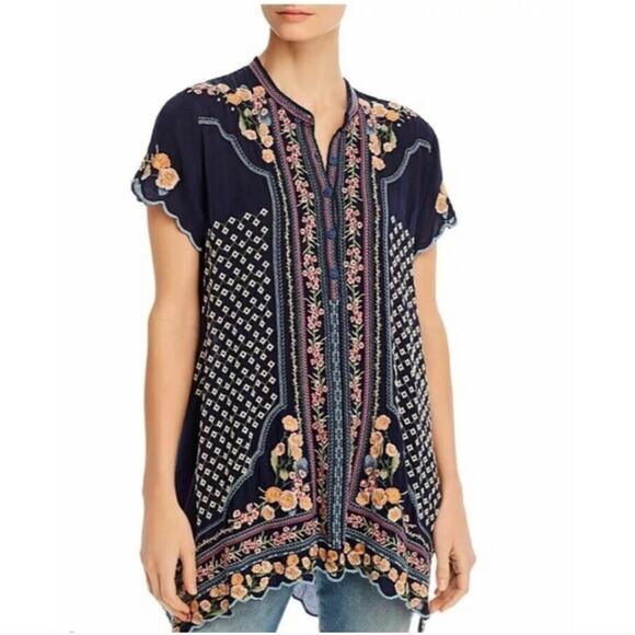 Johnny Was Moji Floral Embroidered Tunic Top Blue Sz S - Picture 1 of 9